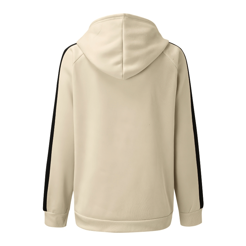Back view of stylish loose zipper hoodie for women, beige color with black stripe on sleeves, featuring an oversized hooded design.